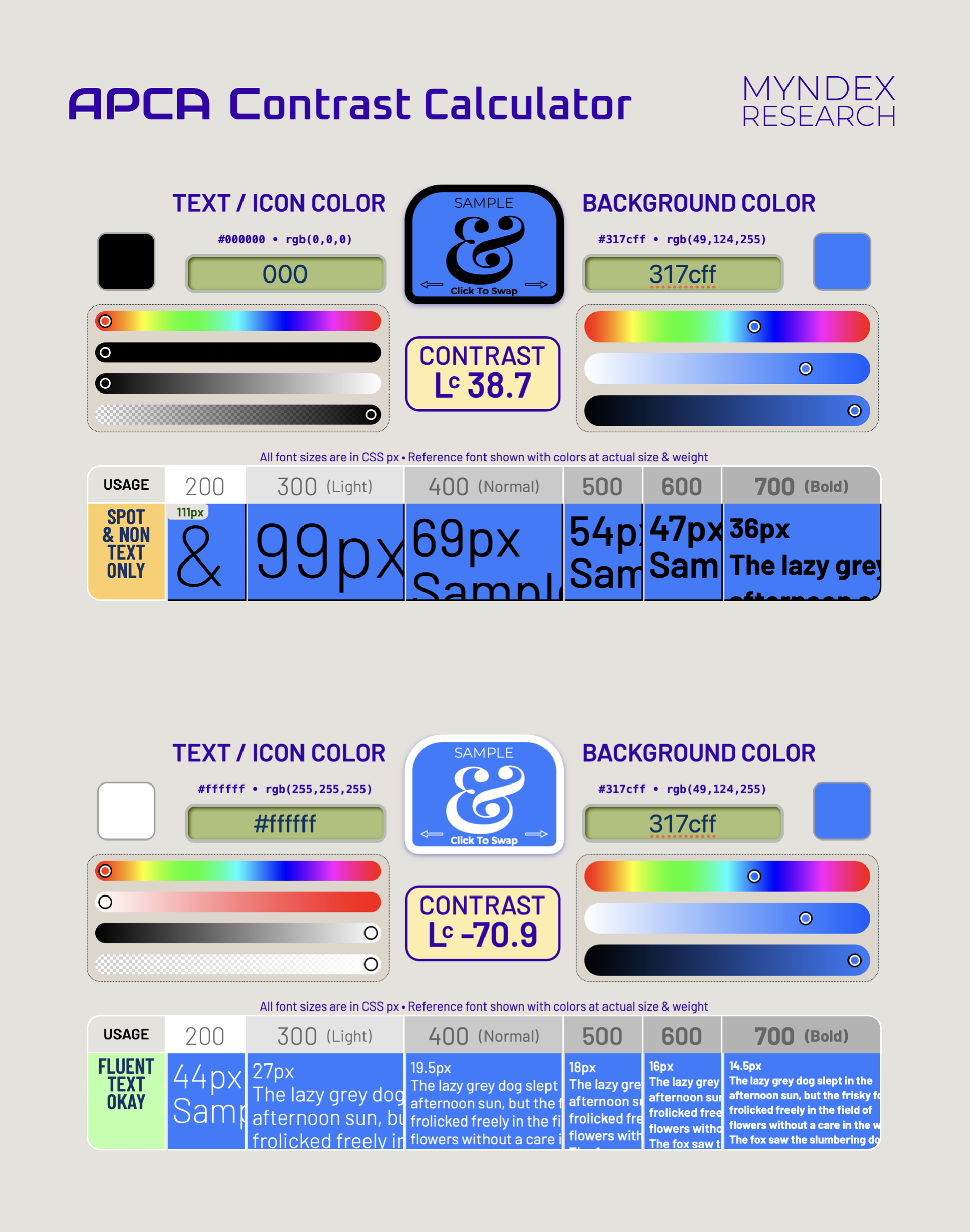 Screenshot of APCA Contrast Calculator, showing the same tests of black on blue vs white on blue. White clearly wins.