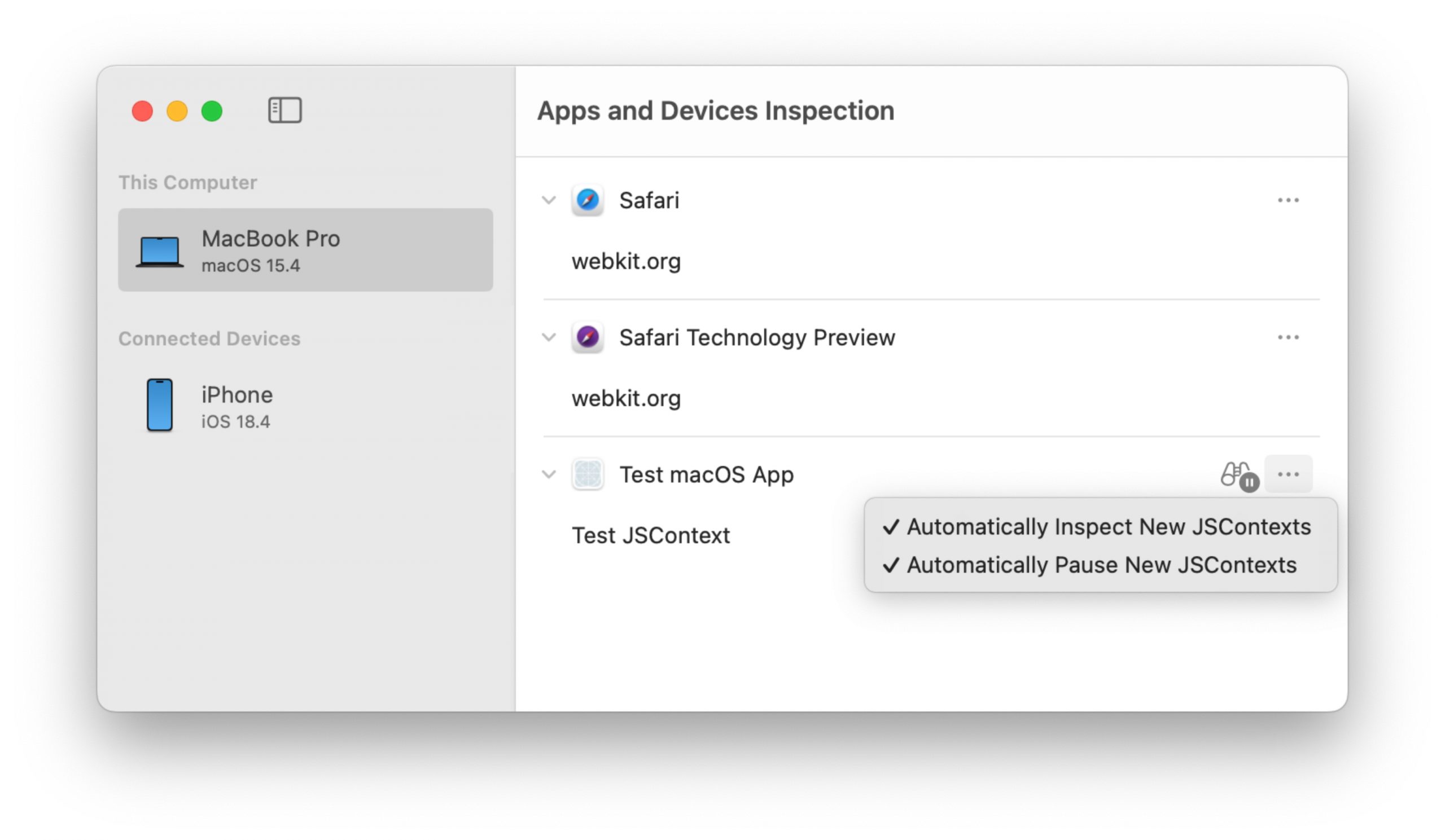 Screenshot of the Apps and Devices Inspection menu showing devices on the left panel and apps in the primary panel