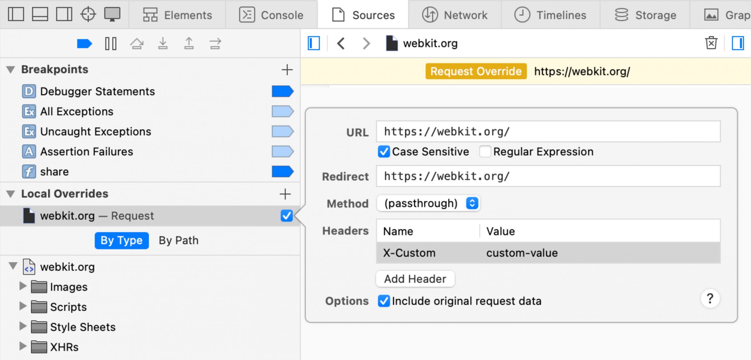 Screenshot of thethe Sources panel in Web Inspector open to the Local Overrides section and towing the Request Override form for webkit.org