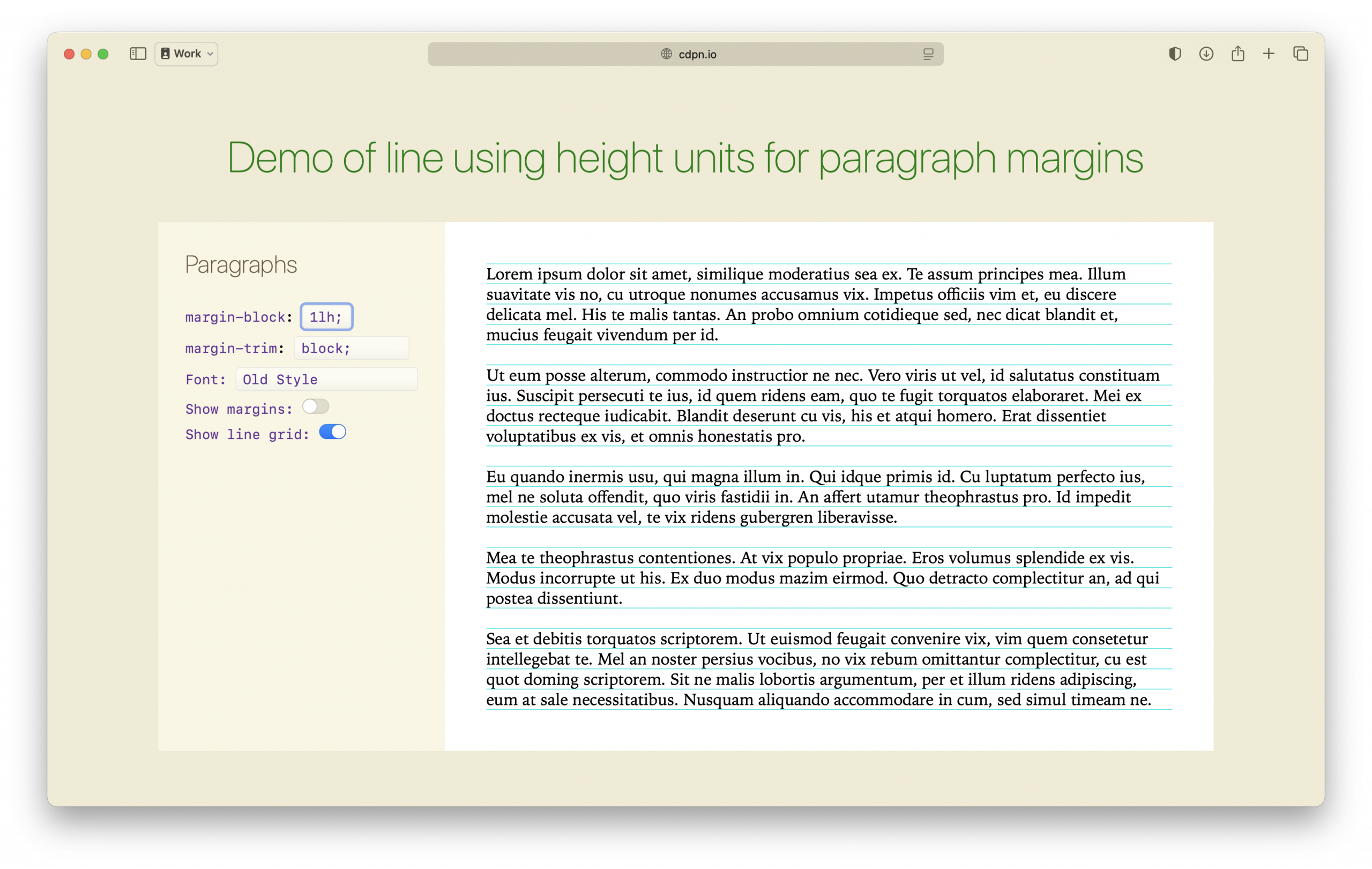 A screenshot of the demo in a web browser. It shows the same sample text as the other images, this time with a control panel of options. You can switch the block margins from 1em to 1lh, adjust margin-trim, switch fonts, and turn on/off margin guides and line grid guides.