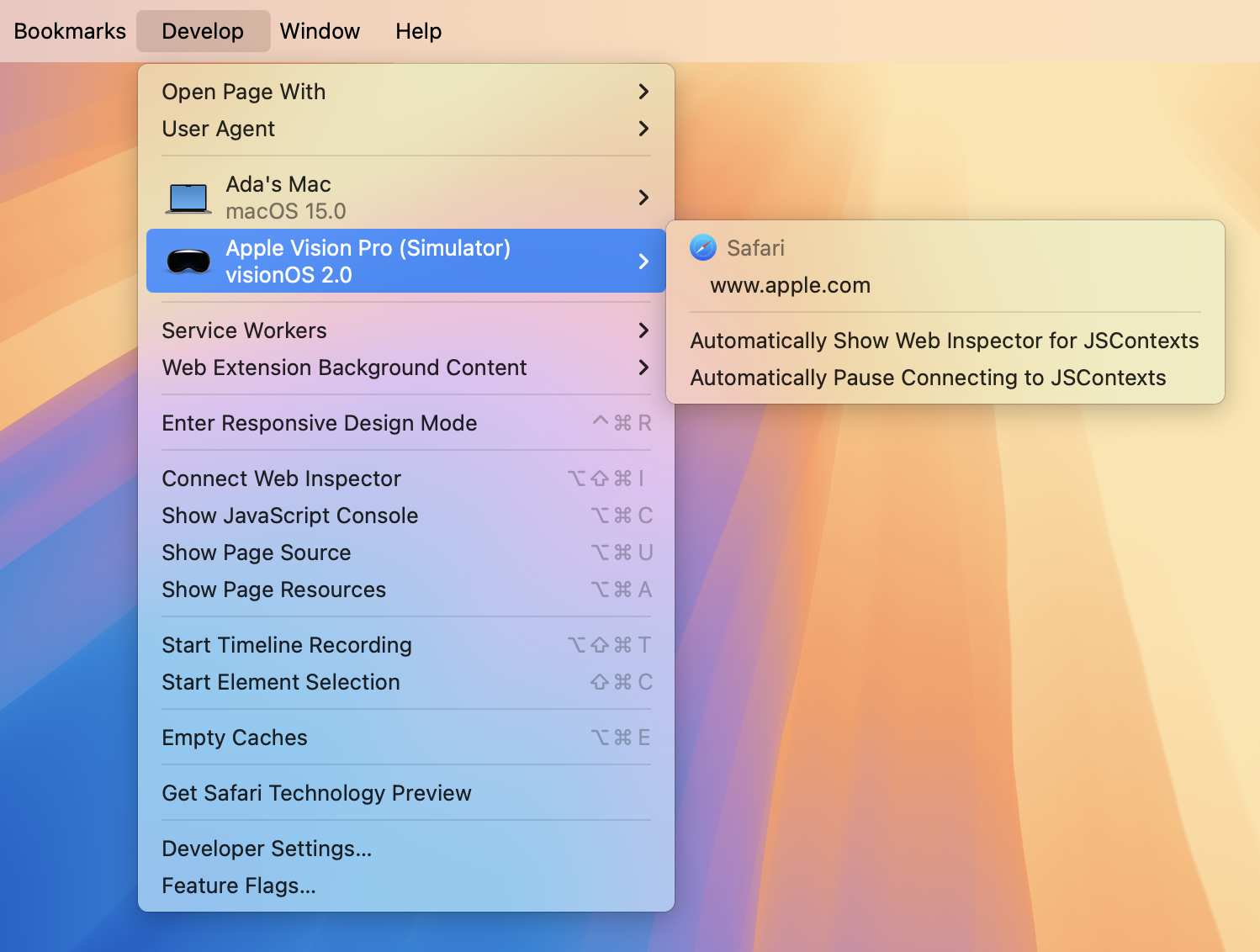 Develop menu showing Apple Vision Pro (Simulator) selected with a submenu showing web pages open in Safari in the simulator